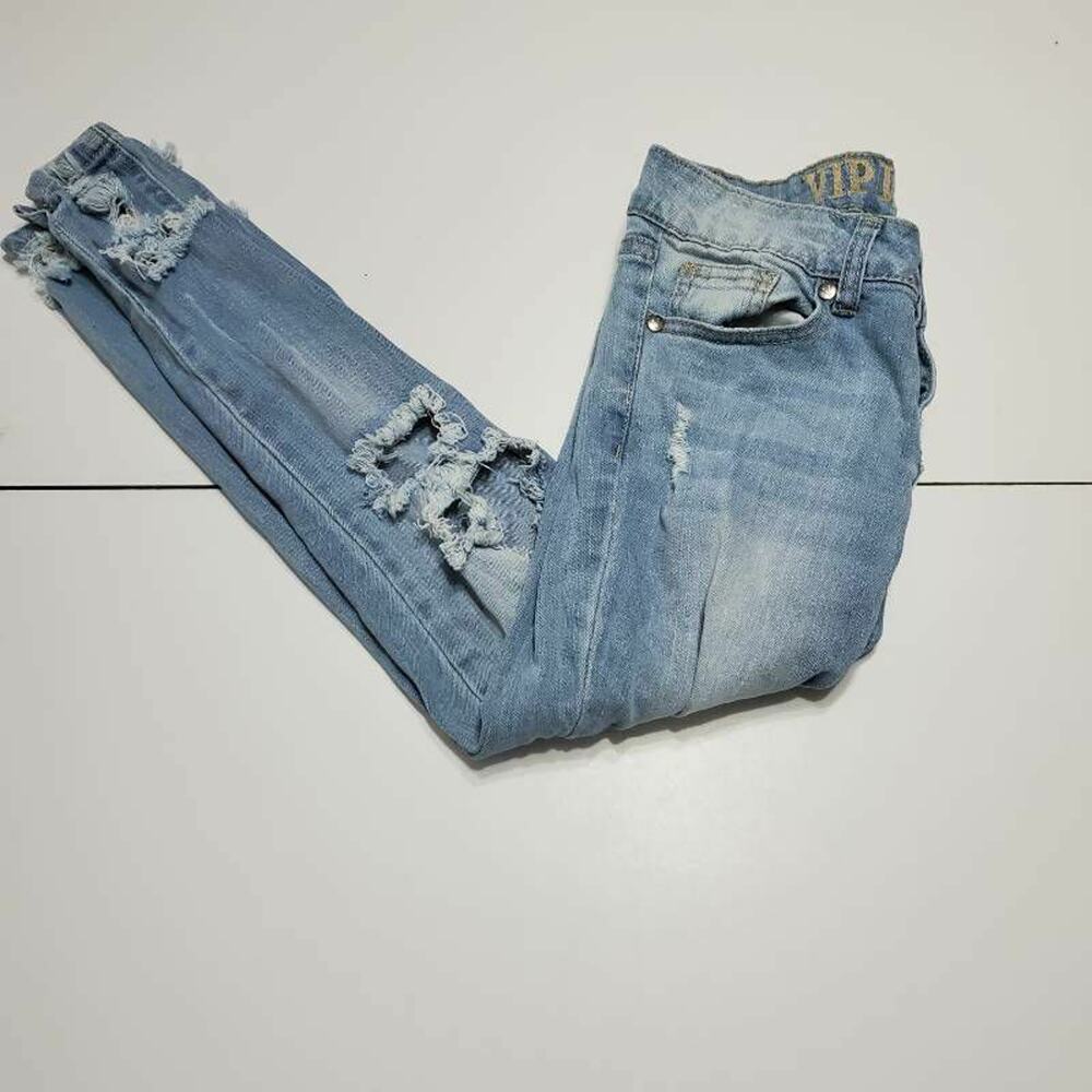 VIP Womens Slim Skinny Jeans Blue Light Wash Distressed Stretch Pockets 1/2‎